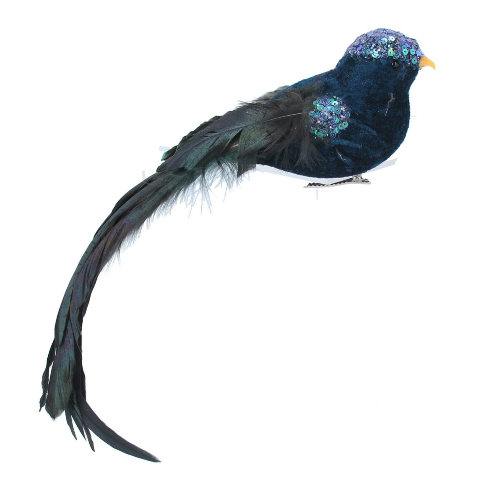 Blue Sequin Feather Bird Clip