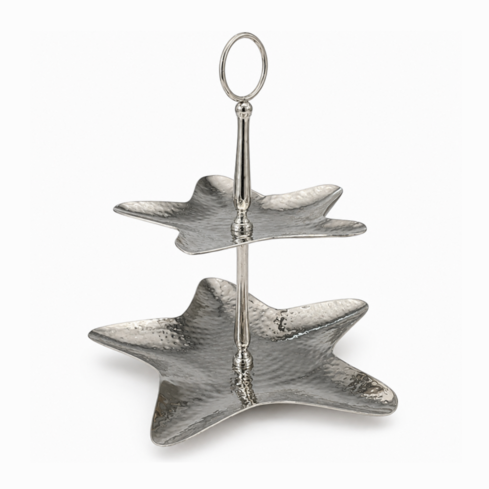 product image of a silver hammered 2 tier star cake stand with a white background