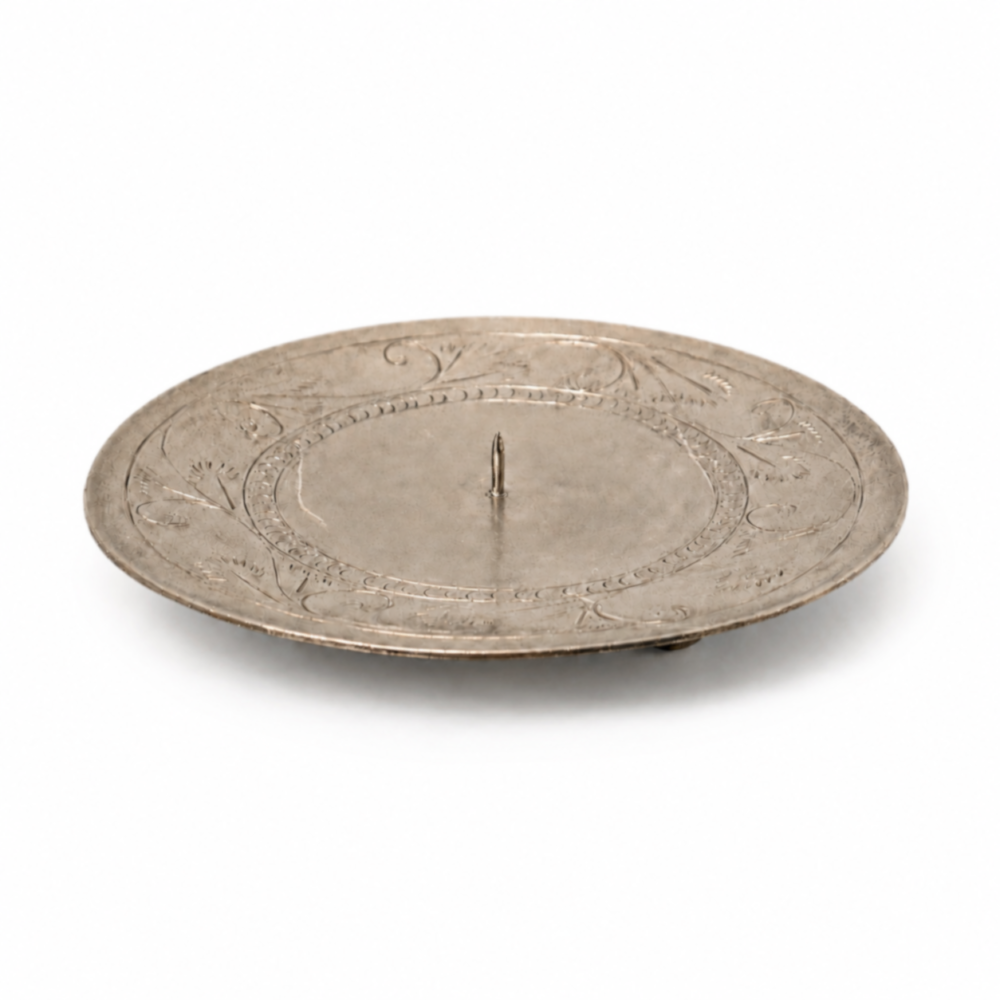 Product image of an Antique Nickel Etched Candle Dish on a plain white background.