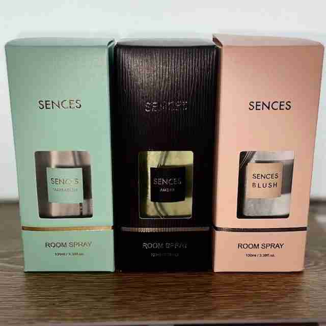 Sences marrakesh 100ml room spray next to other sprays with a beautiful light blue design