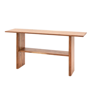 A console table that has a long, slim profile with a natural wood finish.