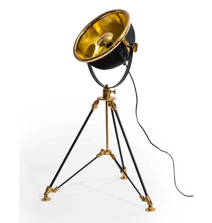 Black and brass large tripod table lamp bringing bold industrial style to your home.