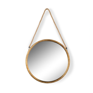 Small Room Styling With Unusual Home Decor: Mirrors, Slim Furniture And Lighting Tricks Unusual Home Decor,Small Space Decor Small round gold metal mirror on hanging rope with a slim gold metal frame, suspended from a natural rope hanger attached to a gold hook, displayed against a light neutral background.
